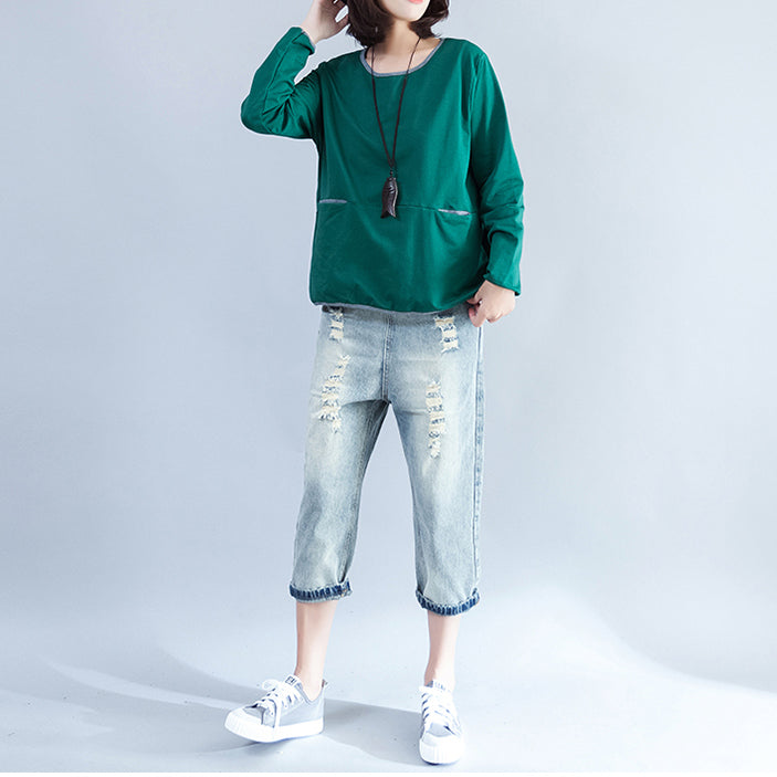 Fall Green Cotton Blouse Loose Fit T Shirt
