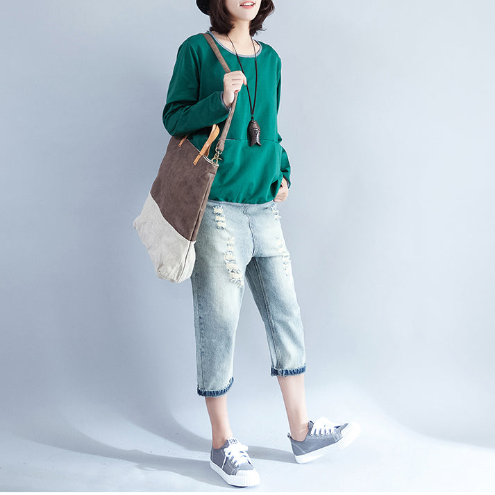 2025 fall green fashion cotton blouse loose  fit t shirt