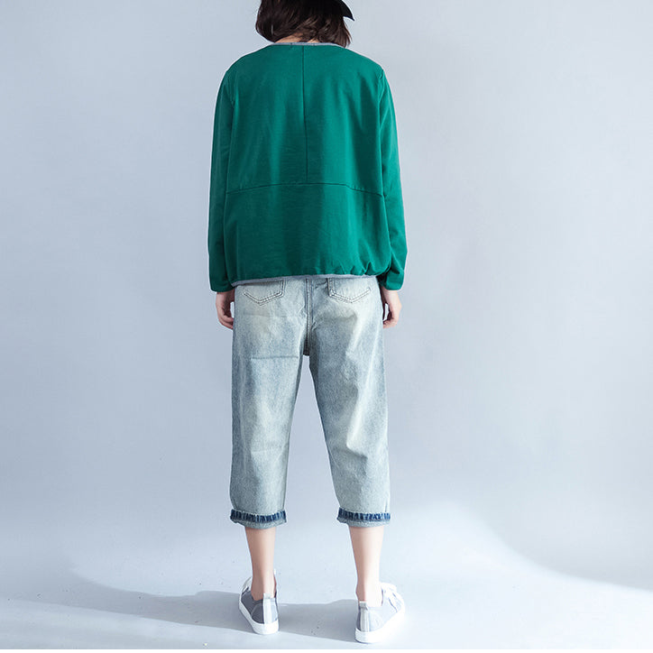 Fall Green Cotton Blouse Loose Fit T Shirt