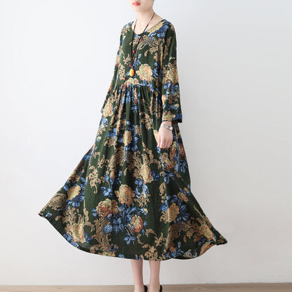 Fall Green Tunic Linen Dresses Long Cotton Maxi Dress Gown