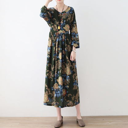 Fall Green Tunic Linen Dresses Long Cotton Maxi Dress Gown