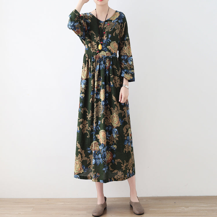 Fall Green Tunic Linen Dresses Long Cotton Maxi Dress Gown