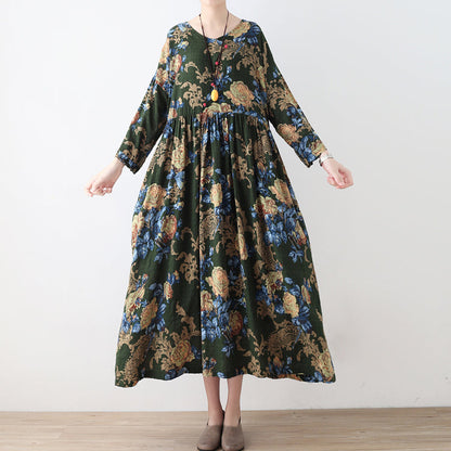 Fall Green Tunic Linen Dresses Long Cotton Maxi Dress Gown