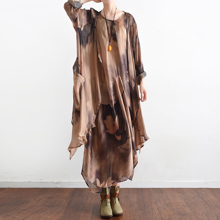 Fall Khaki Print Silk Dresses Flowy Baggy Caftans Two Pieces