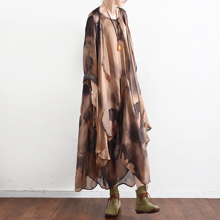 Fall Khaki Print Silk Dresses Flowy Baggy Caftans Two Pieces