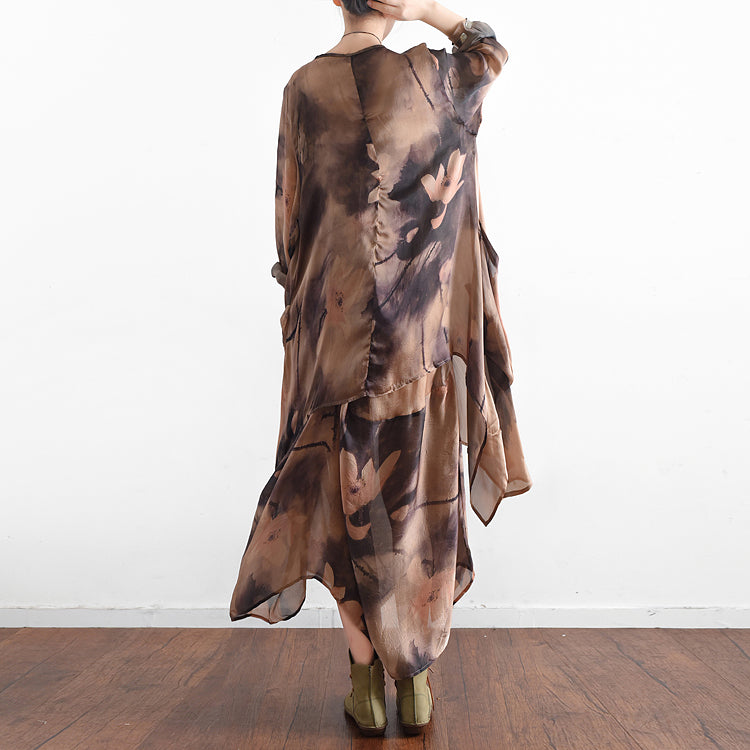 Fall Khaki Print Silk Dresses Flowy Baggy Caftans Two Pieces