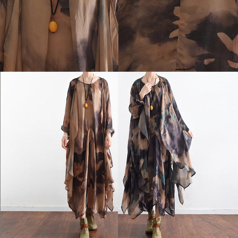 Fall Khaki Print Silk Dresses Flowy Baggy Caftans Two Pieces