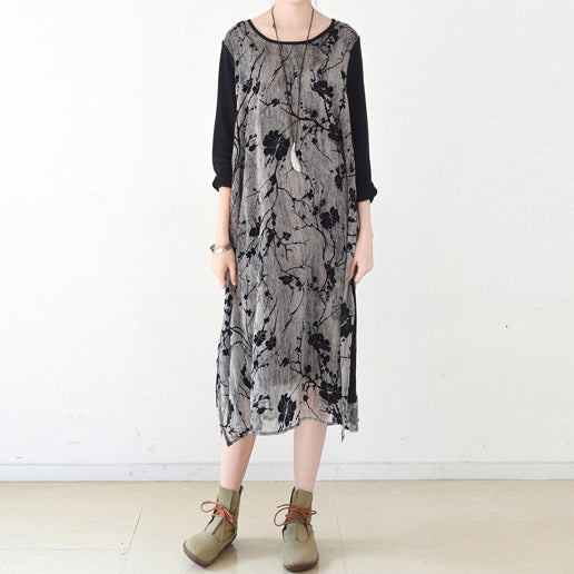 Fall Layered Black Maxi Dresses Plum Flower Print Chiffon Dress Layered Caftans