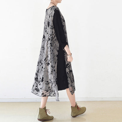 Fall Layered Black Maxi Dresses Plum Flower Print Chiffon Dress Layered Caftans