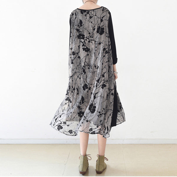 Fall Layered Black Maxi Dresses Plum Flower Print Chiffon Dress Layered Caftans