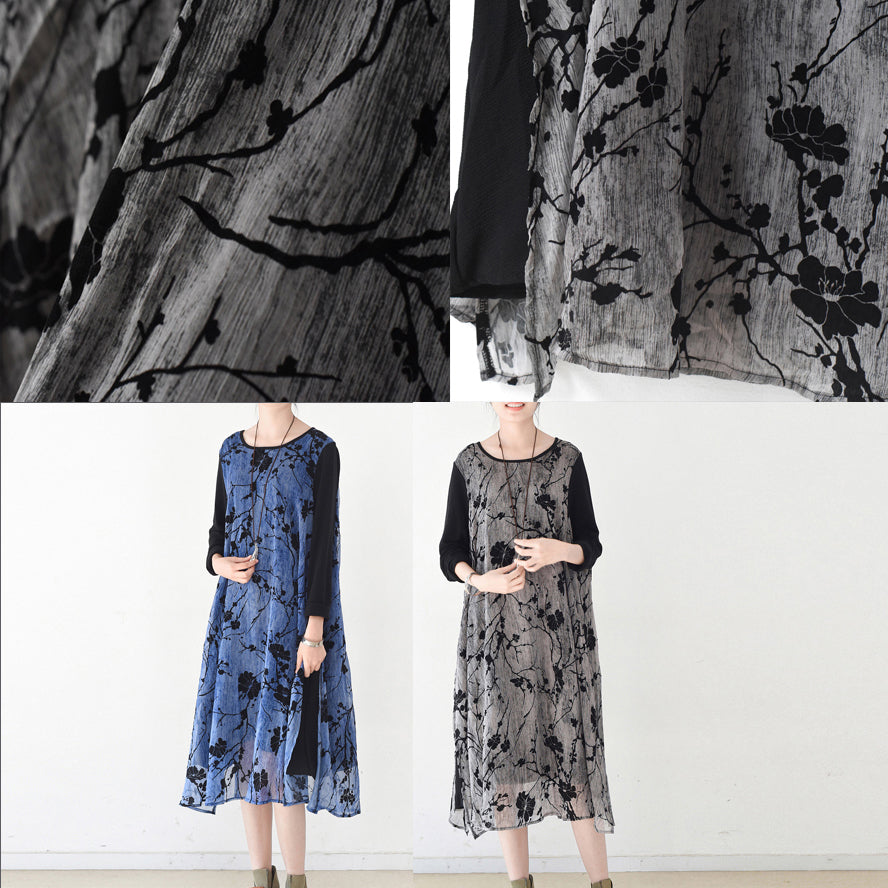Fall Layered Black Maxi Dresses Plum Flower Print Chiffon Dress Layered Caftans
