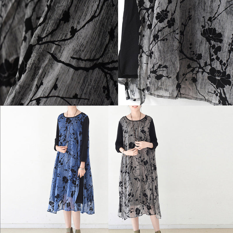 Fall Layered Black Maxi Dresses Plum Flower Print Chiffon Dress Layered Caftans