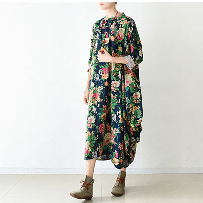 Fall Navy Baggy Linen Dresses Oversized Caftans Long Cotton Dress