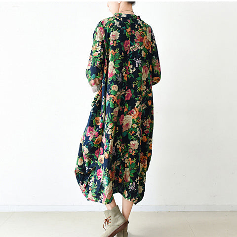 Fall Navy Baggy Linen Dresses Oversized Caftans Long Cotton Dress
