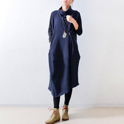 Fall Navy Linen Dresses Shoulder Zipper Design Oversized Caftans Gown