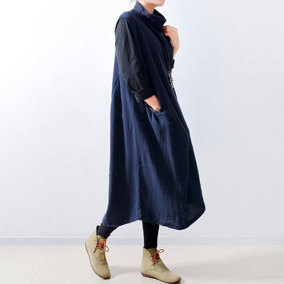 Fall Navy Linen Dresses Shoulder Zipper Design Oversized Caftans Gown