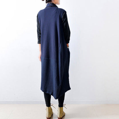 Fall Navy Linen Dresses Shoulder Zipper Design Oversized Caftans Gown