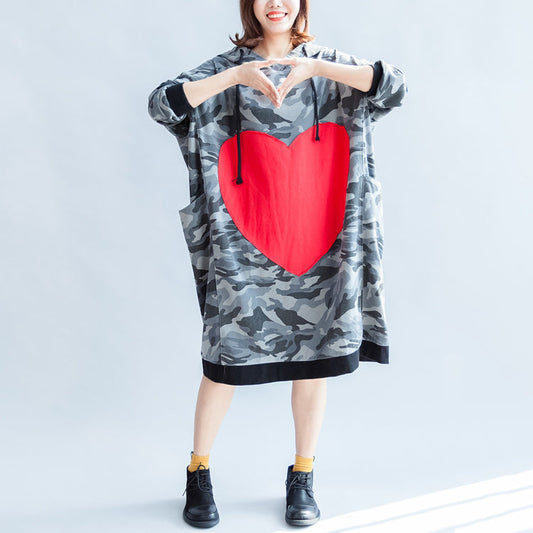 Fall Prints Ruffles Black Cotton Shift Dresses Hooded Oversize Dress Patchwork Loving Heart