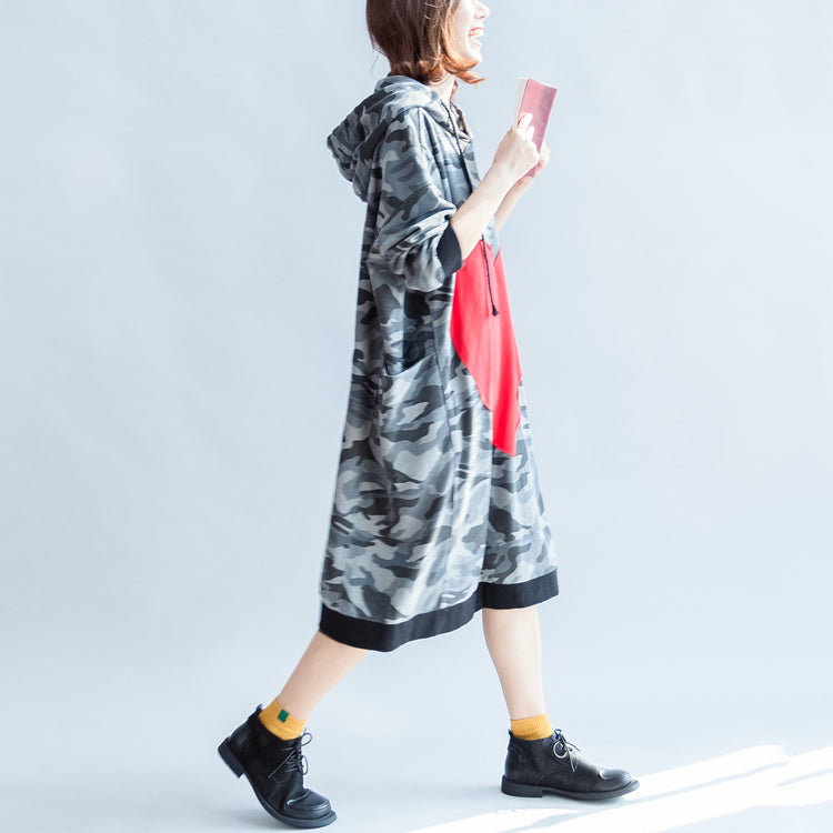 Fall Prints Ruffles Black Cotton Shift Dresses Hooded Oversize Dress Patchwork Loving Heart