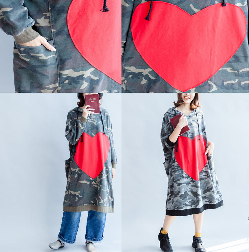 Fall Prints Ruffles Black Cotton Shift Dresses Hooded Oversize Dress Patchwork Loving Heart