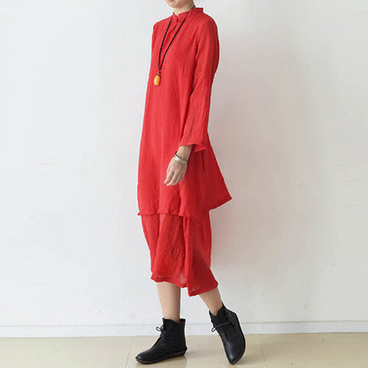 Fall Red Cotton Dresses Layered Long Maxi Dress High Neck Design