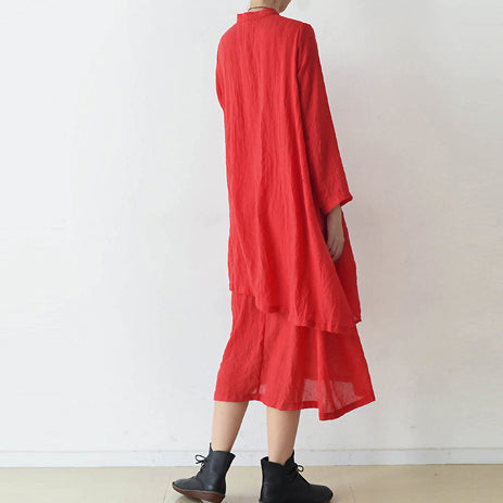 Fall Red Cotton Dresses Layered Long Maxi Dress High Neck Design