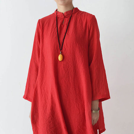 Fall Red Cotton Dresses Layered Long Maxi Dress High Neck Design