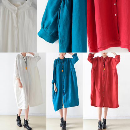 Fall Red Linen Dresses Shirt Dress Oversize Linen Clothing