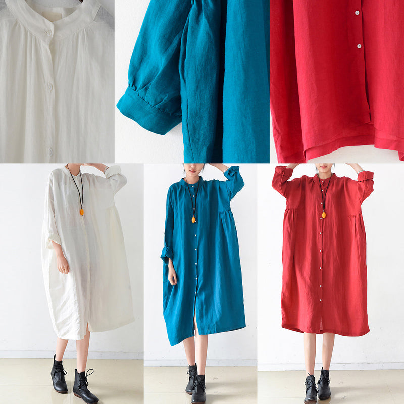 Fall Red Linen Dresses Shirt Dress Oversize Linen Clothing
