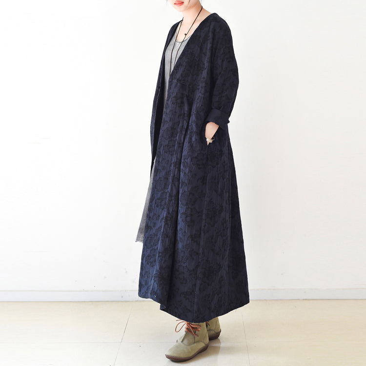 Fall Trend Navy Jacquard Linen Coats Long Maxi Coat V Neck Cardigan