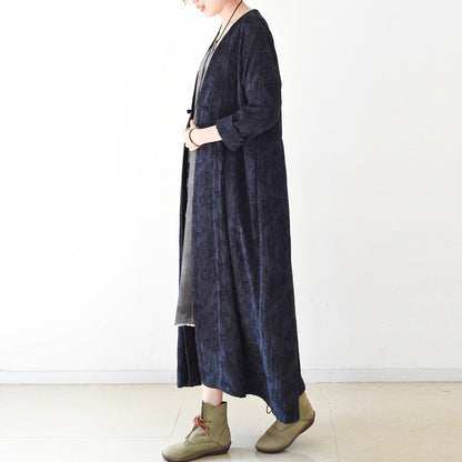 Fall Trend Navy Jacquard Linen Coats Long Maxi Coat V Neck Cardigan