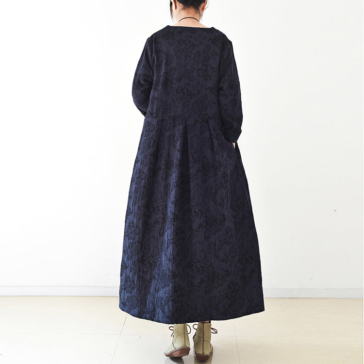 Fall Trend Navy Jacquard Linen Coats Long Maxi Coat V Neck Cardigan