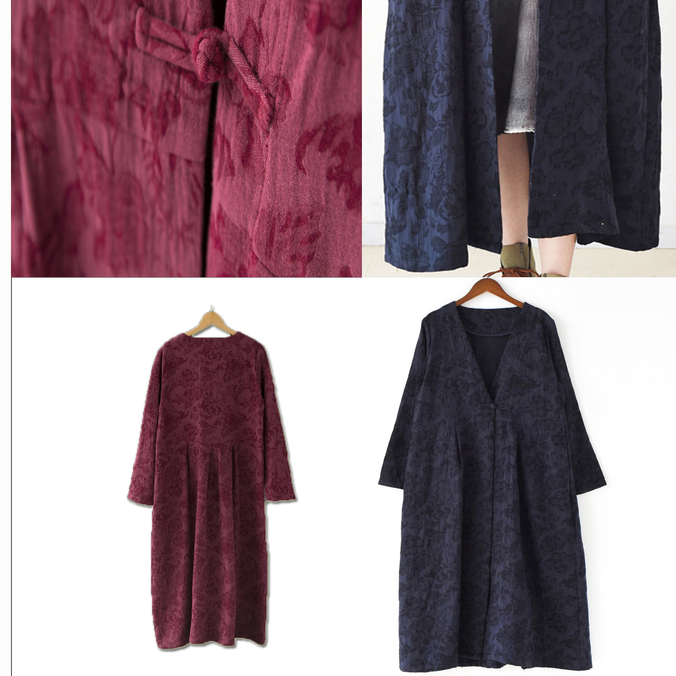 Fall Trend Navy Jacquard Linen Coats Long Maxi Coat V Neck Cardigan