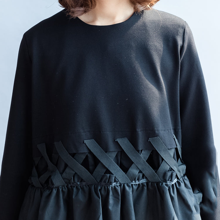 Fall Black Cotton Dresses Baggy Loose Ruffles Long Sleeve Dress