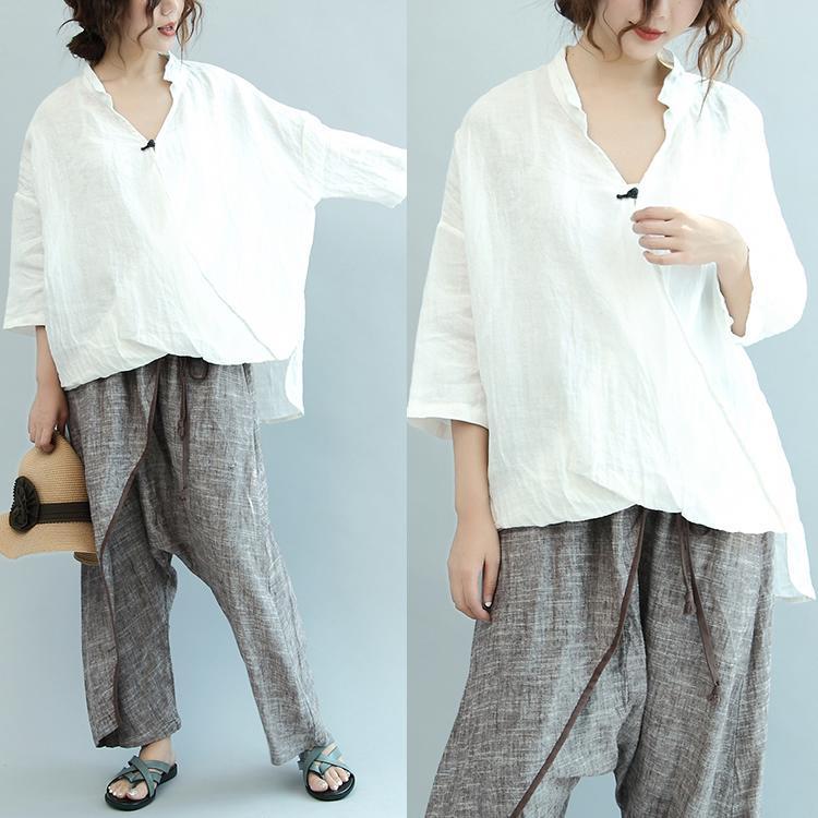 Fall White Unique Linen Tops Blouse
