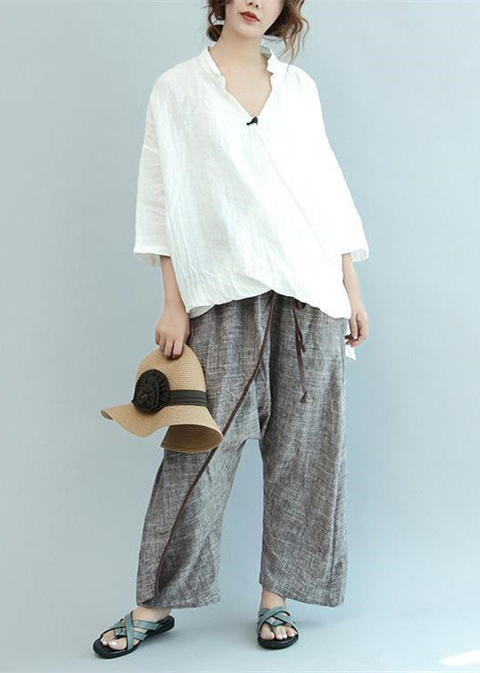 Fall White Unique Linen Tops Blouse