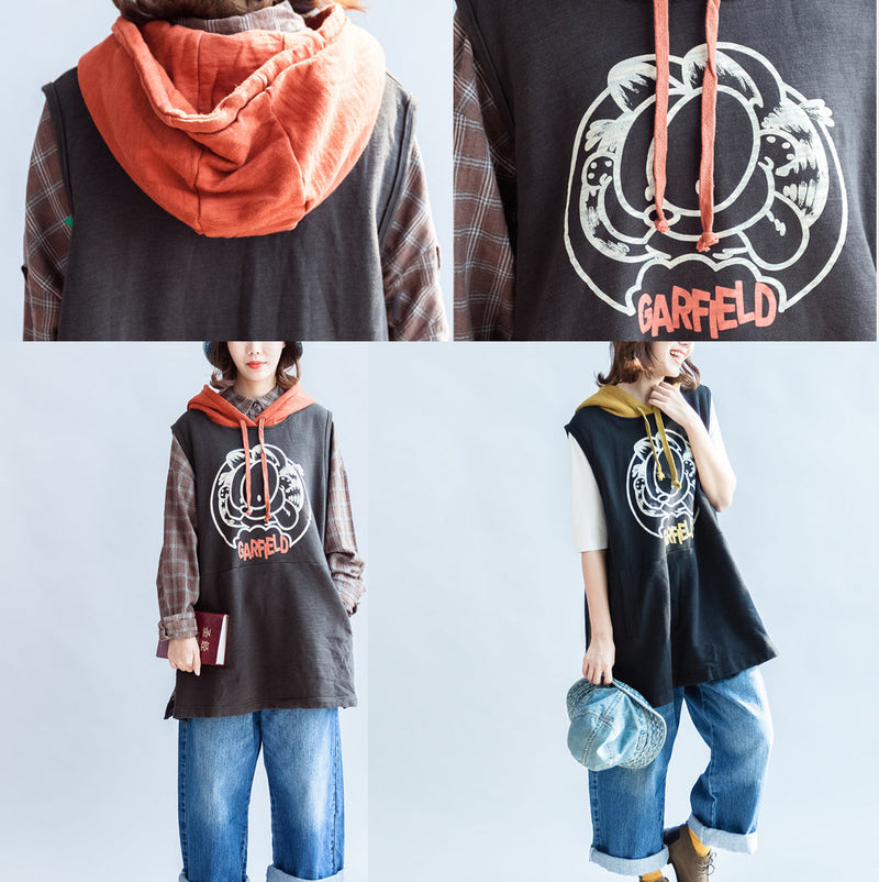 Black Cartoon Print Cotton Sleeveless Pullover Oversize Hooded Thick Vests