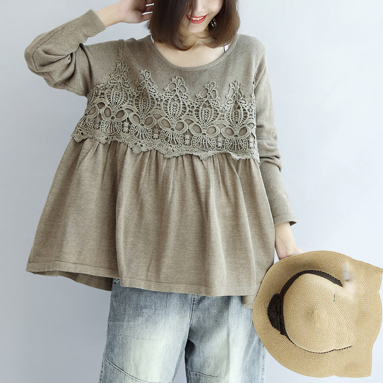 Khaki Knit Pullover Loose O Neck Sweater
