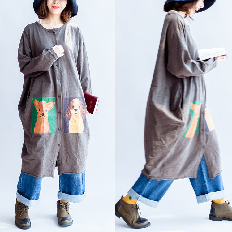 Gray Cartoon Print Cotton Cardigans Big Coats