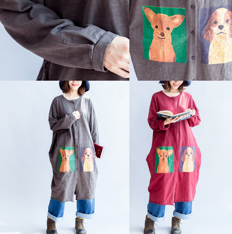 Gray Cartoon Print Cotton Cardigans Big Coats