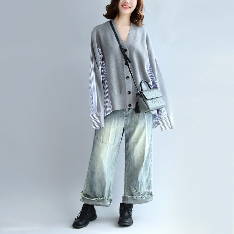 Gray Striped Cotton Patchwork Knit Cardigan Loose V Neck Sweater Blouse