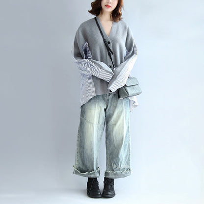 Gray Striped Cotton Patchwork Knit Cardigan Loose V Neck Sweater Blouse