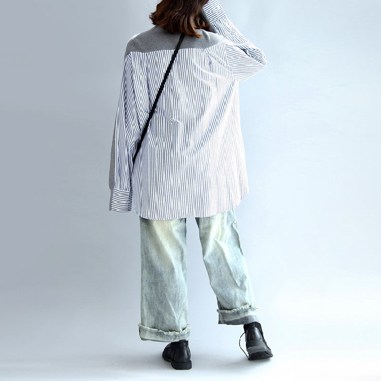 Gray Striped Cotton Patchwork Knit Cardigan Loose V Neck Sweater Blouse