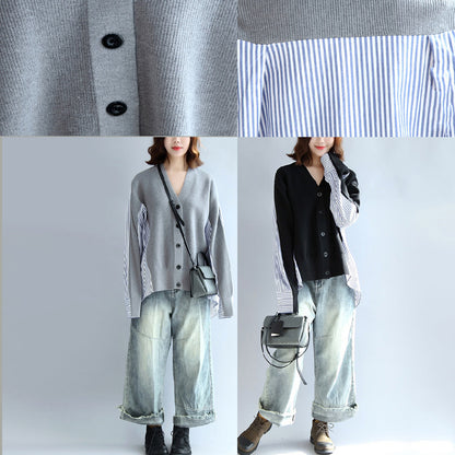 Gray Striped Cotton Patchwork Knit Cardigan Loose V Neck Sweater Blouse