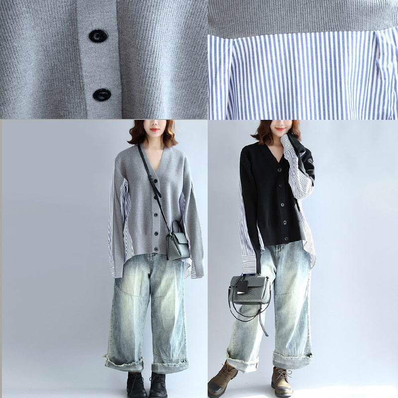 Gray Striped Cotton Patchwork Knit Cardigan Loose V Neck Sweater Blouse