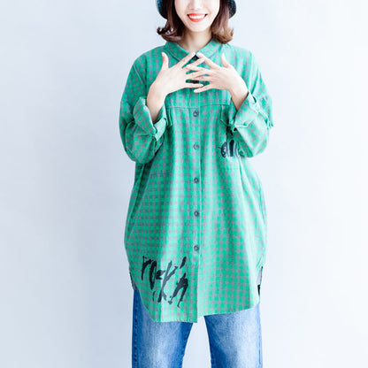 2025 green cartoon print cotton tops baggy loose grid casual long sleeve blouse