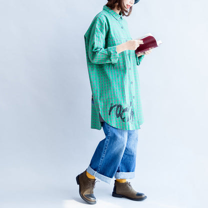 2025 green cartoon print cotton tops baggy loose grid casual long sleeve blouse