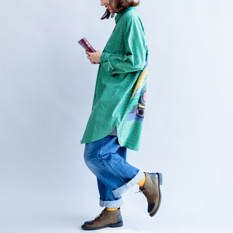 Green Cartoon Print Cotton Tops Baggy Loose Grid Long Sleeve Blouse