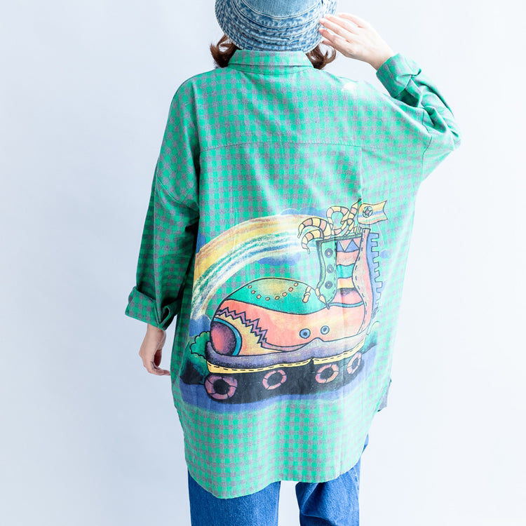 2025 green cartoon print cotton tops baggy loose grid casual long sleeve blouse