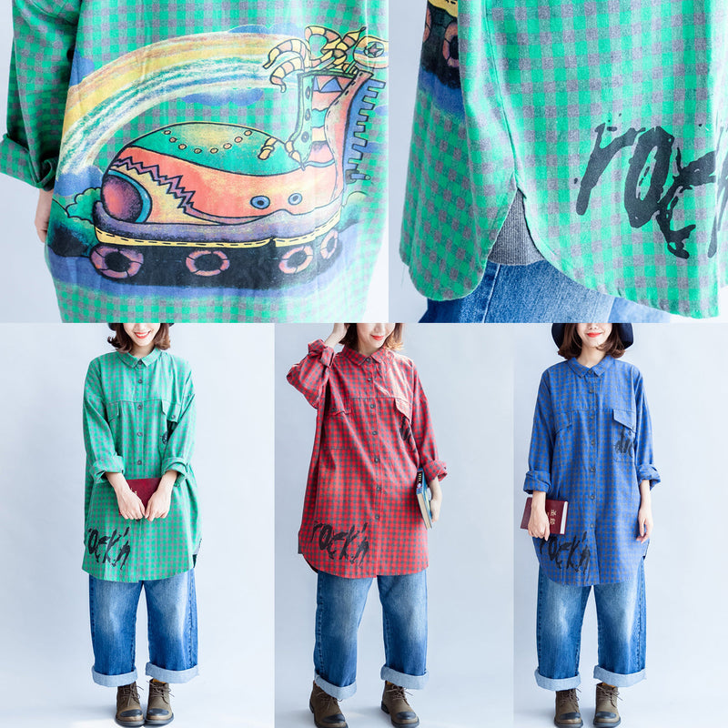 Green Cartoon Print Cotton Tops Baggy Loose Grid Long Sleeve Blouse